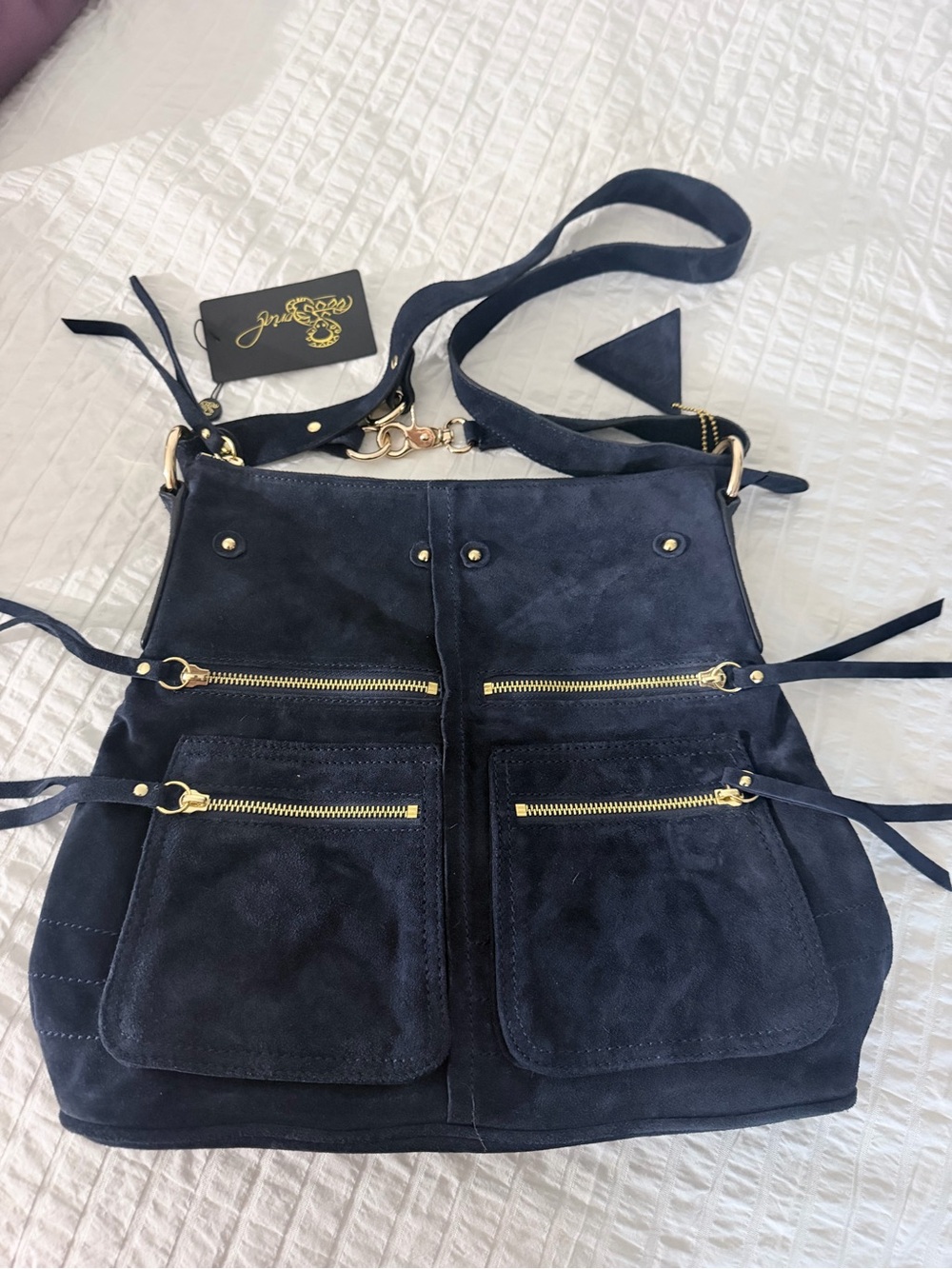 New Sorial New York navy blue suede multi-pocket hobo bag